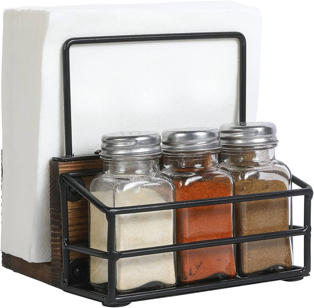 MyGift Rustic Tabletop Caddy, Brown Wood and Black Metal Wire Napkin Holder with 3 Glass Seasonin... | Amazon (US)