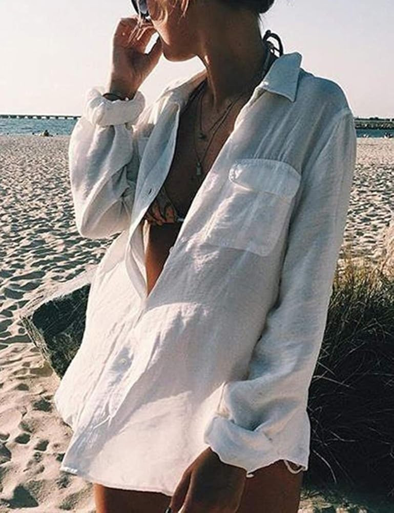 Bsubseach Women Long Sleeve Beach Shirt Blouses Bathing Suit Cover Up Button Down Collar | Amazon (US)
