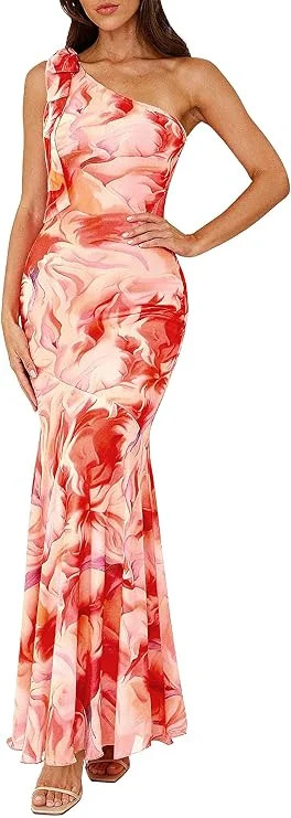 PRETTYGARDEN Womens Summer One Shoulder Maxi Dress Floral Sleeveless Bodycon Mesh Long Formal Wed... | Walmart (US)