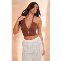 Brown Rope Detail Linen Look Cut Out Crop Top | PrettyLittleThing US