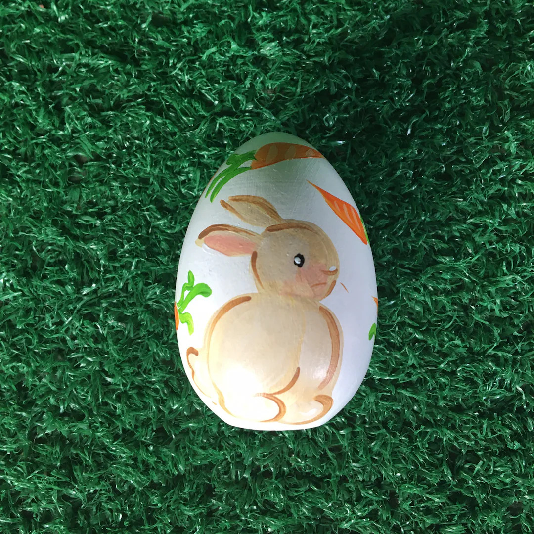 Brown Bunny and carrots on  Easter egg with name - brown rabbit painted on wood egg - kids egg wi... | Etsy (US)