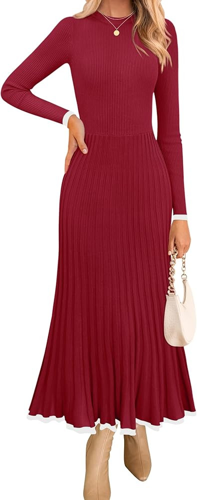 ZESICA Women's Long Sleeve Sweater Dress 2024 Fall Crewneck Ribbed Knit Pleated A-Line Maxi Weddi... | Amazon (US)