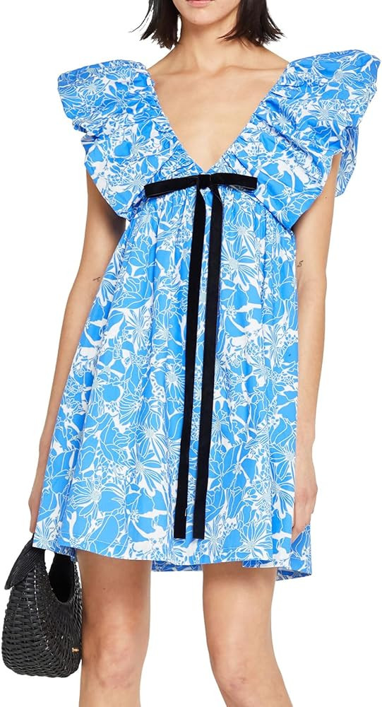 hibshaby Women's Floral Print Mini Dress V Neck Puff Sleeve Dress Short Babydoll Bow Dress | Amazon (US)