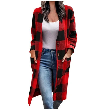 Fanxing Weekly Deals Plaid Long Cardigan Shirts for Women Oversized Long Sleeve Button Down Buffalo  | Walmart (US)