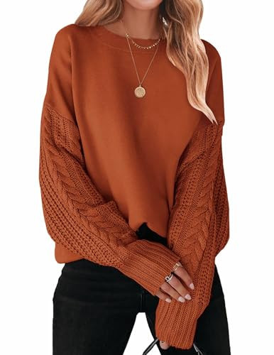ZESICA Women's 2026 Fall Long Sleeve Crew Neck Solid Color Cable Knit Chunky Casual Oversized Pullover Sweater Tops,Deep Orange,XX-Large | Amazon (US)