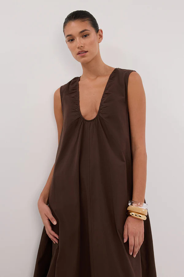 GABBY BITTER CHOC COTTON MIDI DRESS | DISSH