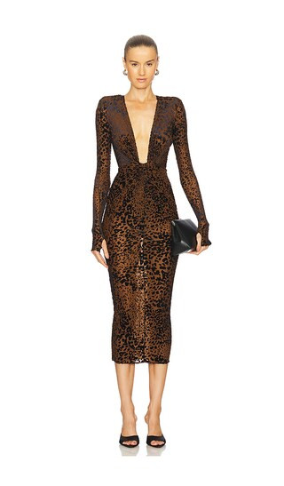 Leopard Burnout Plunging Mesh Midi Dress in Tobacco | Revolve Clothing (Global)