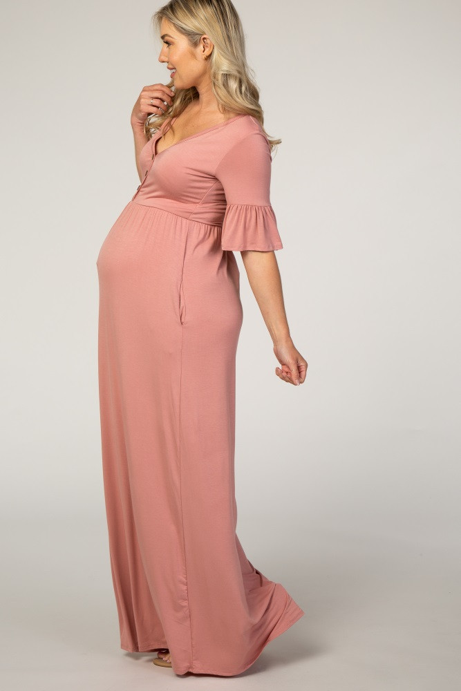 Pink Button Ruffle Sleeve Maternity Maxi Dress | PinkBlush Maternity