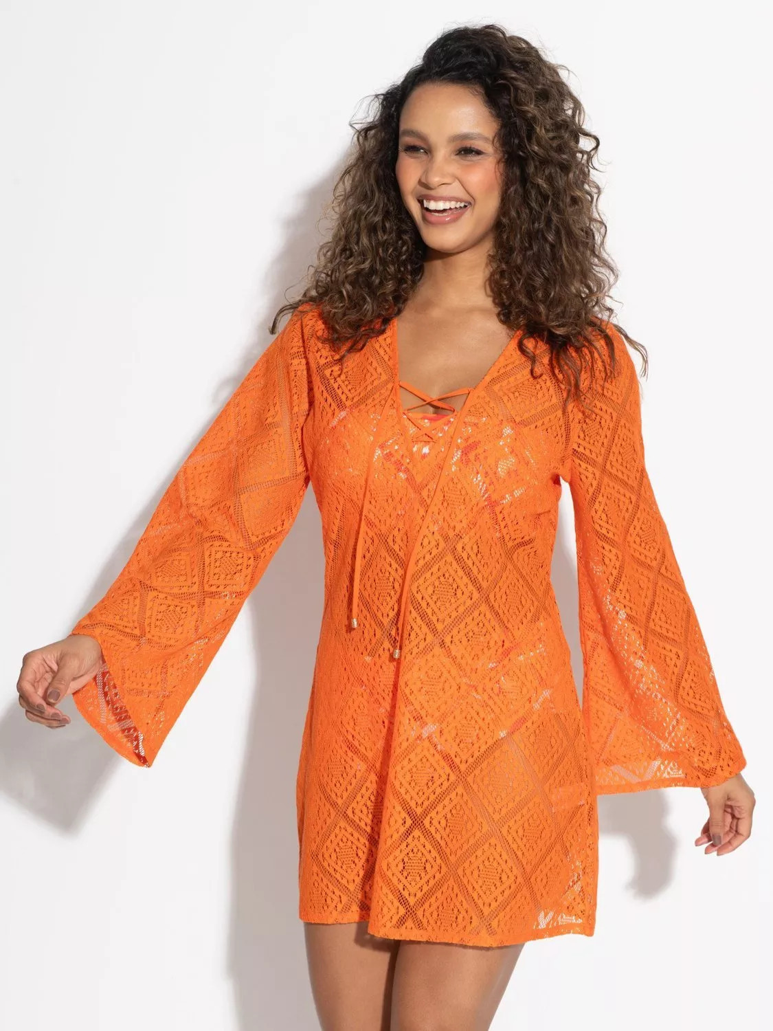 Pour Moi Free Spirit Crochet Lace Long Sleeve Beach Cover Up, Orange | John Lewis (UK)
