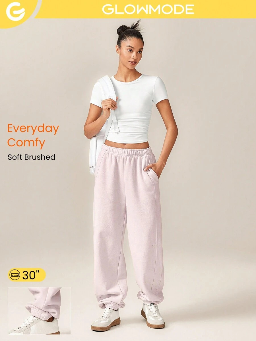 GLOWMODE Everyday Fleece Be Comfy Loose Fit Adjustable Drawstring Waist Basic Joggers With Side P... | SHEIN