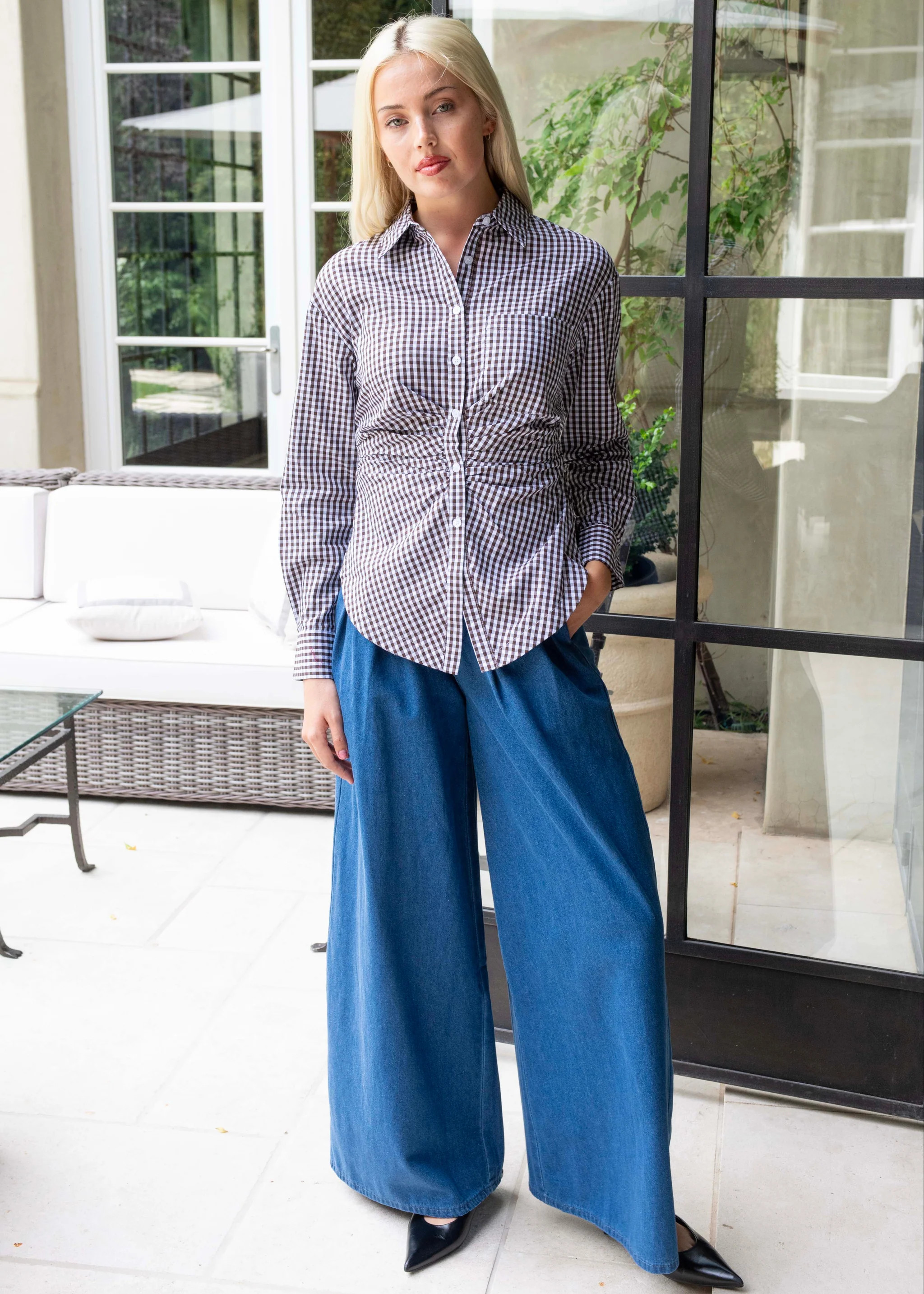 Wennely Wide Leg Pleated Detail Denim Pants | Benaar La