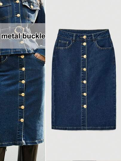 Maija Women's Blue Denim Midi Skirt With Low Waist And Metal Buckle Embellishments, Elegant And S... | SHEIN