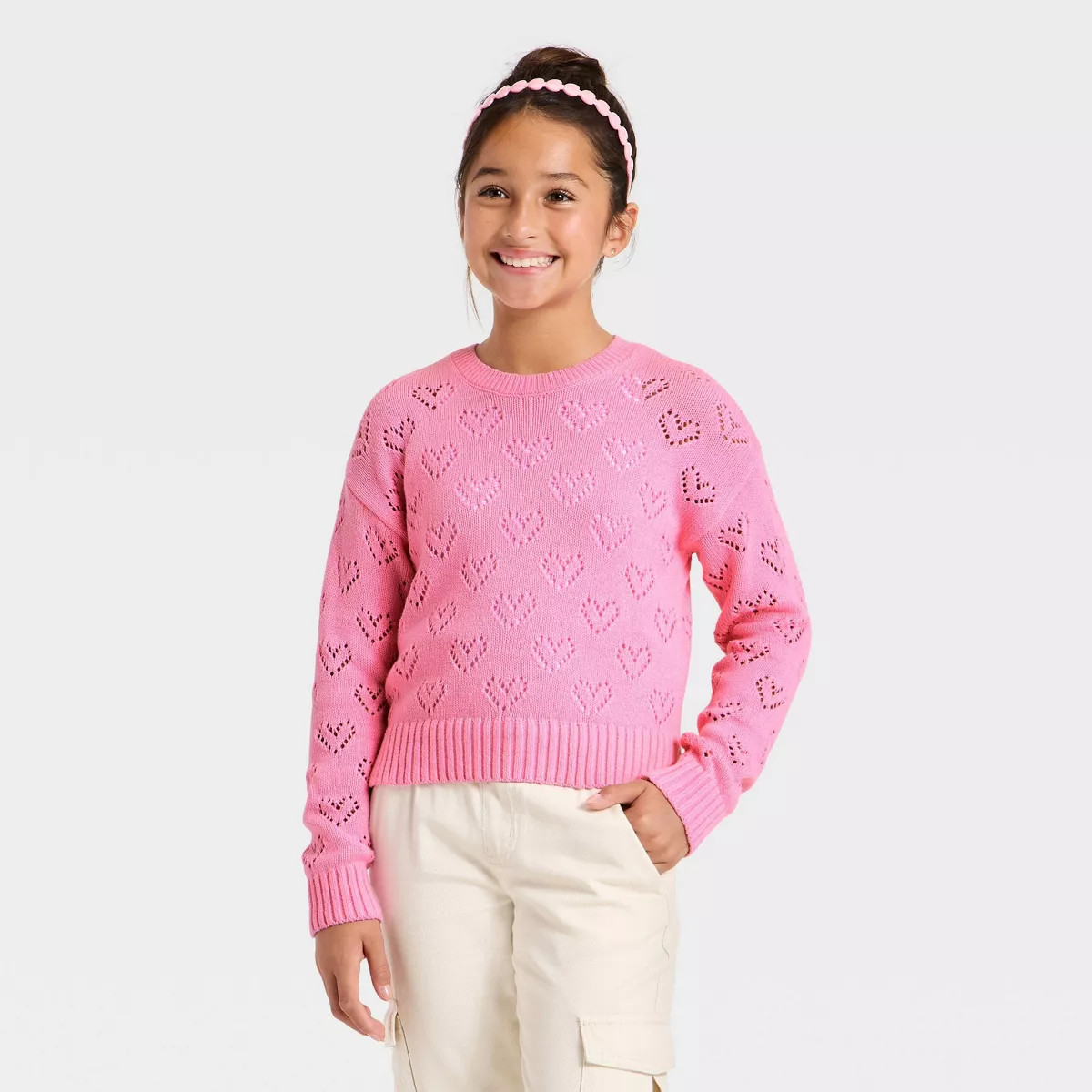 Girls' Pointelle Heart Sweater - Cat & Jack™ Pink | Target