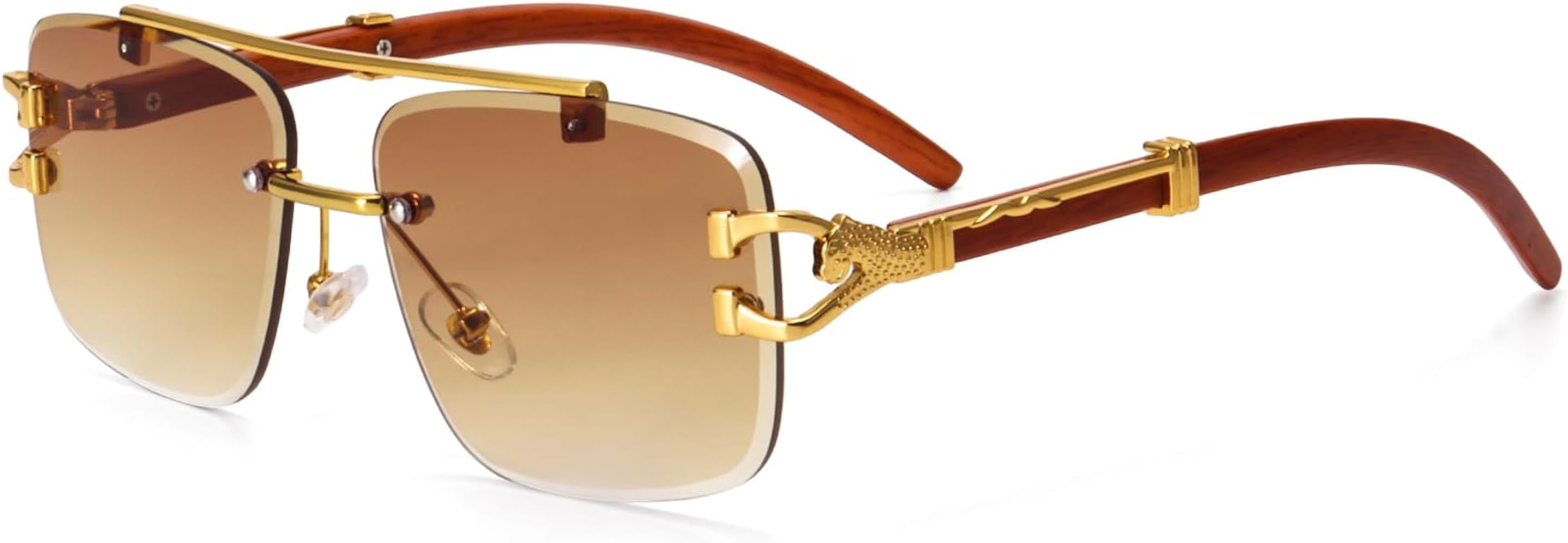 Dollger Rimless Rectangle Sunglasses for Women Men Fashion Hip hop Frameless Designer Shades Wood... | Amazon (US)
