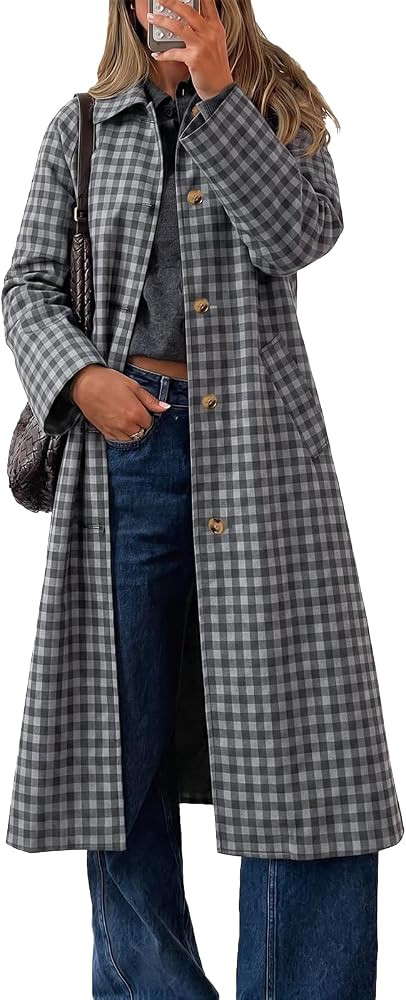 Cicy Bell Womens Plaid Trench Coat Fall Lapel Single Breasted Long Jacket | Amazon (US)