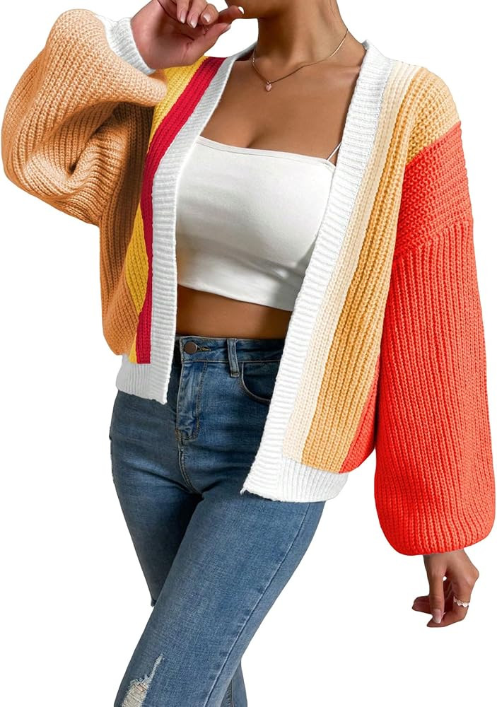 SHENHE Women's Color Block Open Front Long Sleeve Ribbed Knit Cropped Cardigan Sweaters | Amazon (US)