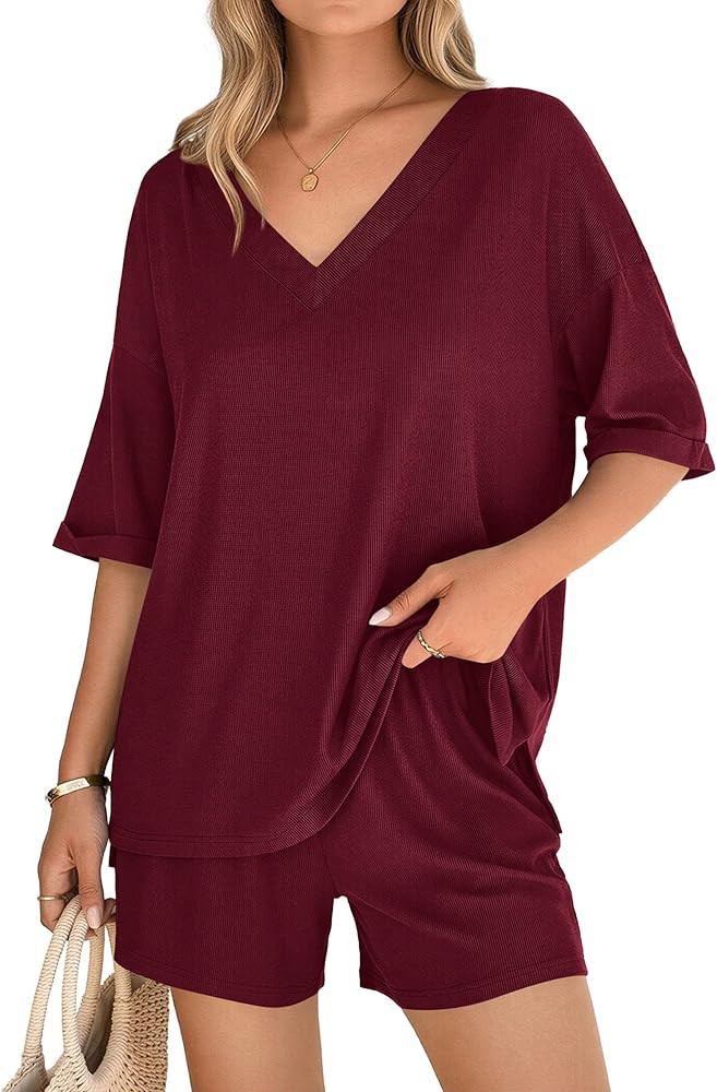 PRETTYGARDEN Womens 2 Piece Sets 2026 Oversized Vneck Half Sleeve Tops Shorts Lounge Set Casual S... | Amazon (US)