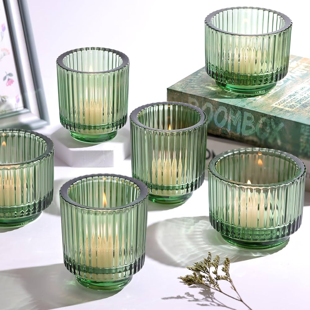 6pcs Assorted Green Votive Candle Holders for Wedding Centerpieces, Vintage Ribbed Tealight Candl... | Amazon (US)