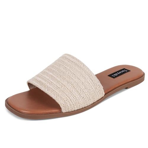 Amazon.com | Tscoyuki Slides Sandals for Women Basic Raffia Slip On Flat Sandals Open Toe Comfort... | Amazon (US)