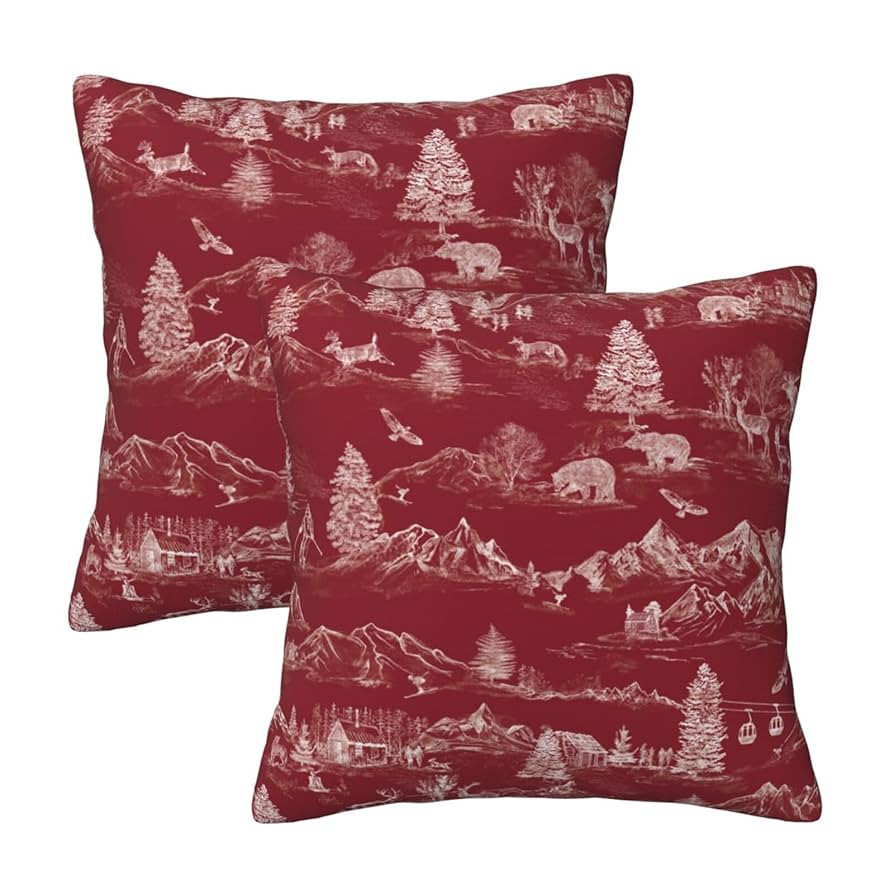 HOSTECCO Red Toile Throw Pillow Covers 18x18 inch Set of 2 Xmas Winter Pillow Cases Christmas Hol... | Amazon (US)
