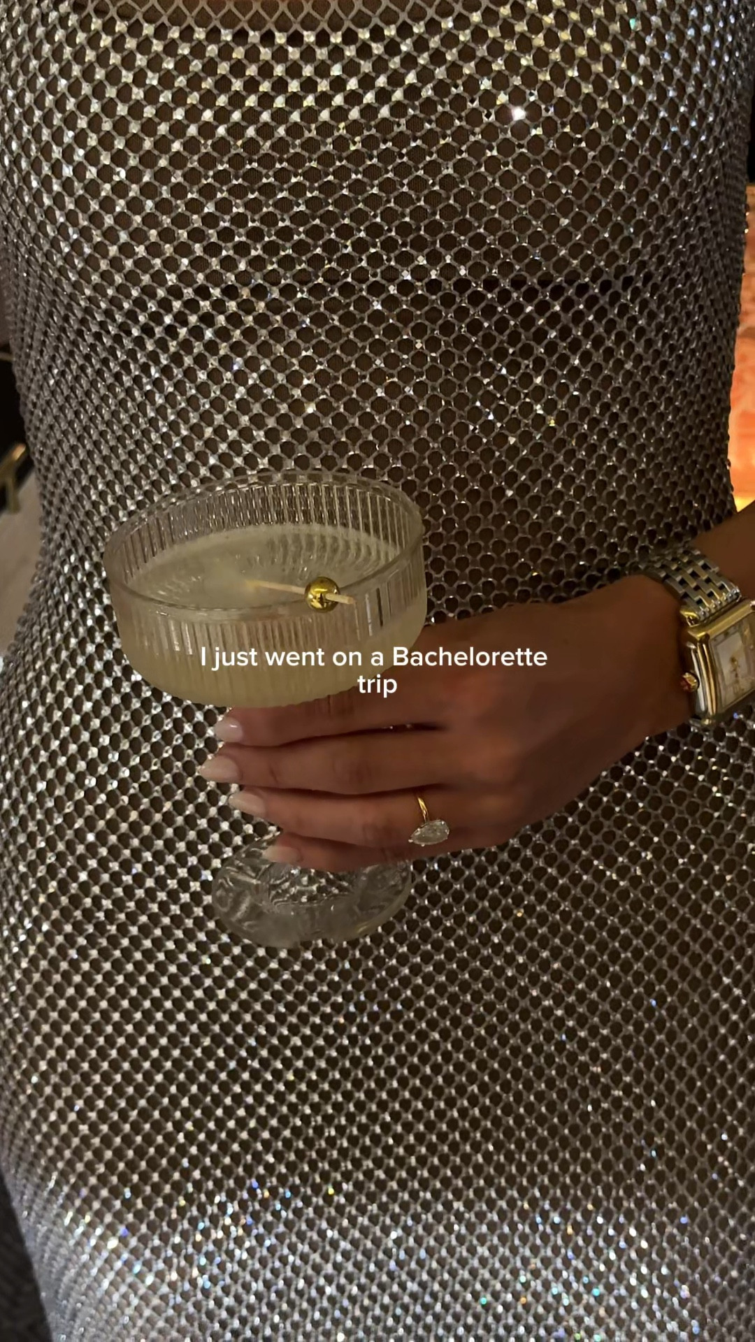 all of the details from our “Gracie’s Golden Hour” giltz & glam night on my friend’s bachelorette trip 🍸🪩✨ #bachelorettee