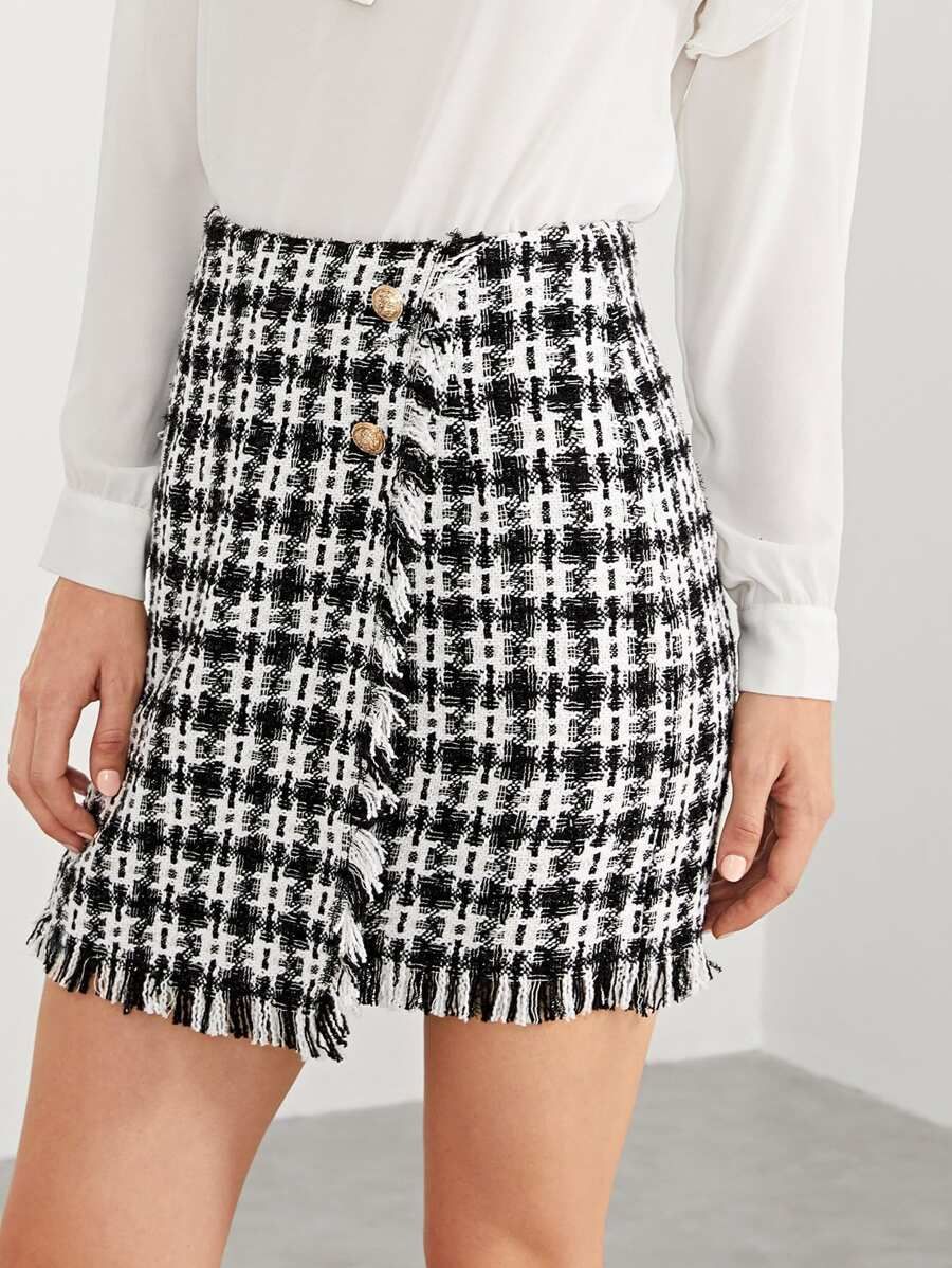 Fringe Detail Tweed Wrap Skirt | SHEIN