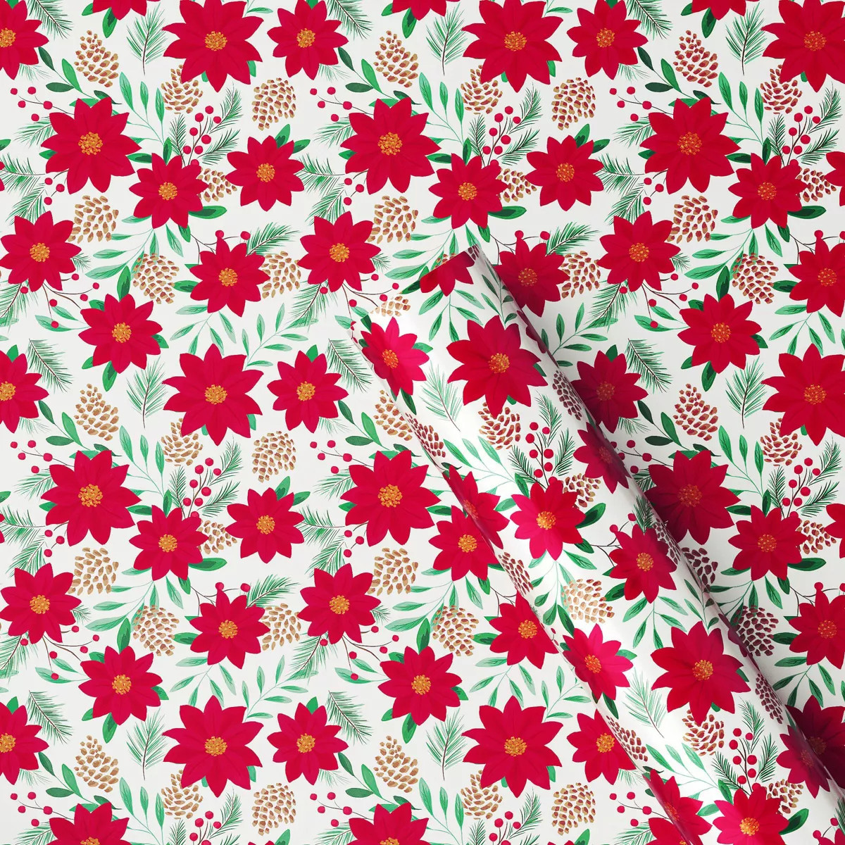 30" 50 sq ft Christmas Roll Wrap Poinsettia on Cream - Wondershop™ | Target