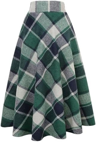 IDEALSANXUN Womens Plaid Wool Skirts Elastic Waist A-Line Pleated Tartan Long Skirts | Amazon (US)