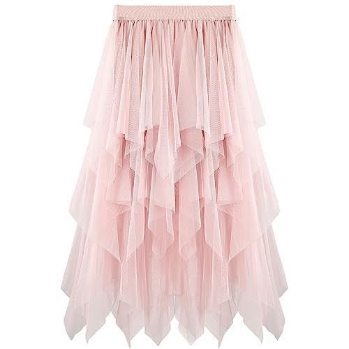 Women's Tiered Tulle Skirts A-Line Asymmetrical Skirt Tea-Length Elastic High Waist Tutu Skirts for Prom Party (Pink) | Amazon (US)
