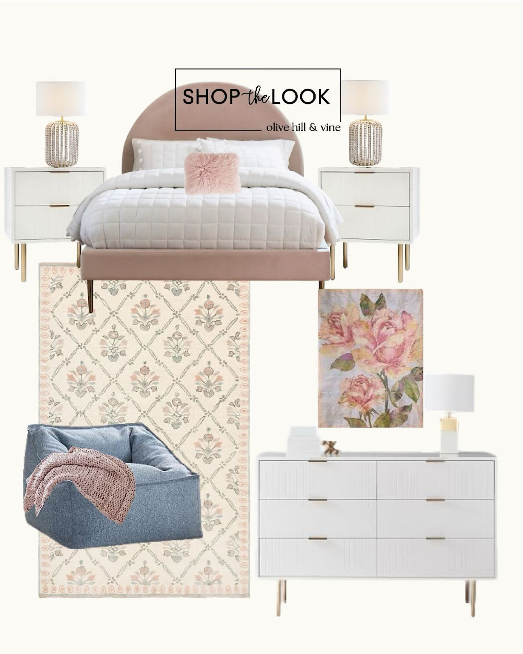 Turn your teen's room into a chic retreat! This curated look features a nightstand and dresser set with intricate carved white panels and brass hardware, a plush cube lounger, a round headboard bed, a floral bouquet rug, chunky knit throw, fur pillow, and a wood bead table lamp for a cozy vibe.

#LTKKids #LTKHome #LTKFamily