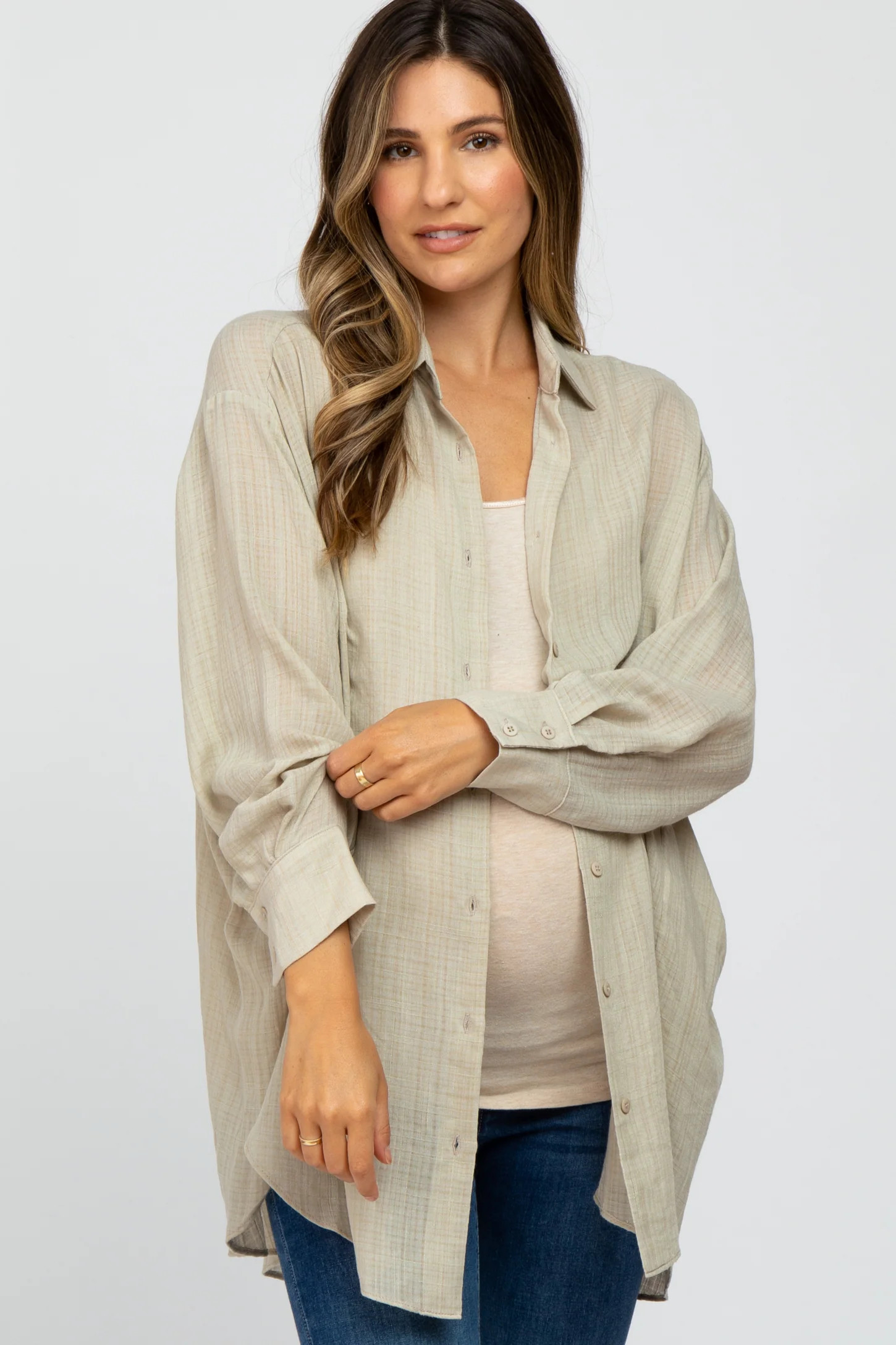 Beige Lightweight Sheer Button Down Maternity Blouse | PinkBlush Maternity