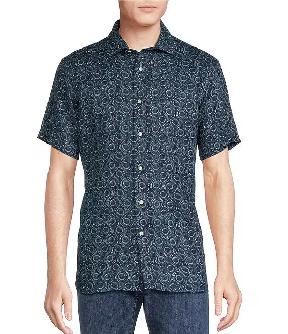 Blue Label French Linen Collection Retro Medallion Print Short Sleeve Shirt | Dillard's