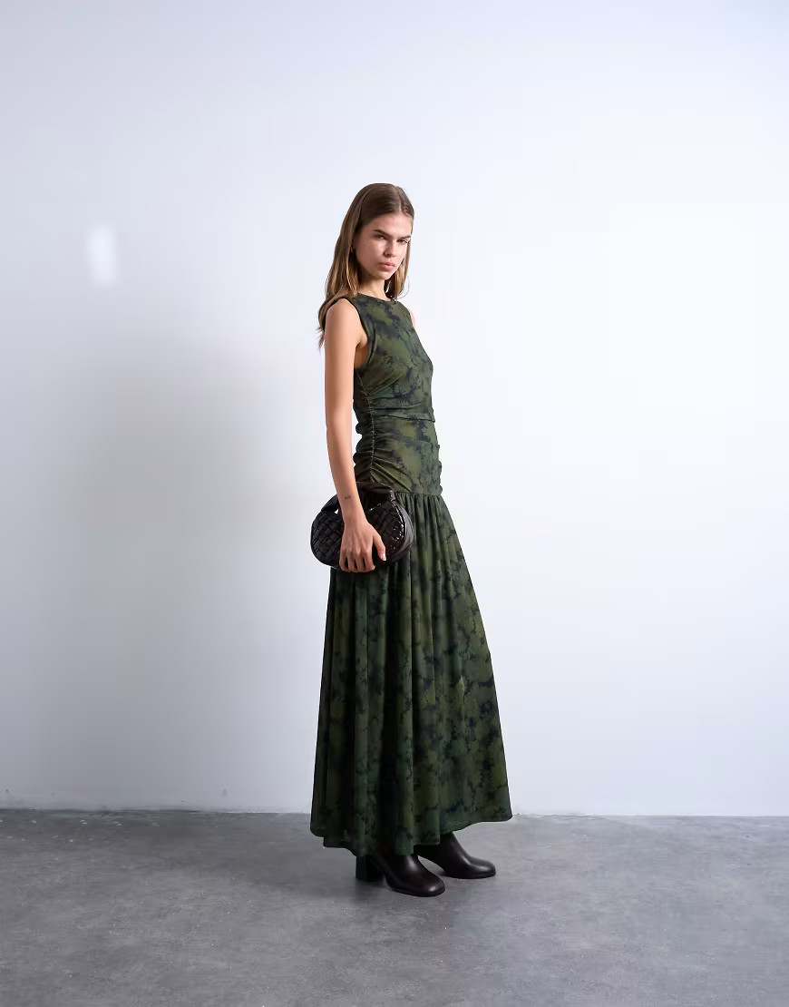 Topshop abstract print dropped waist maxi dress in green | ASOS (Global)