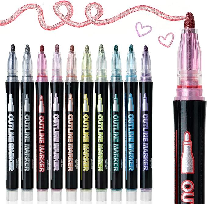 Mr. Pen- Double Line Outline Markers, 10 Colors, Shimmer Markers, Self-Outline Metallic Markers, ... | Amazon (US)