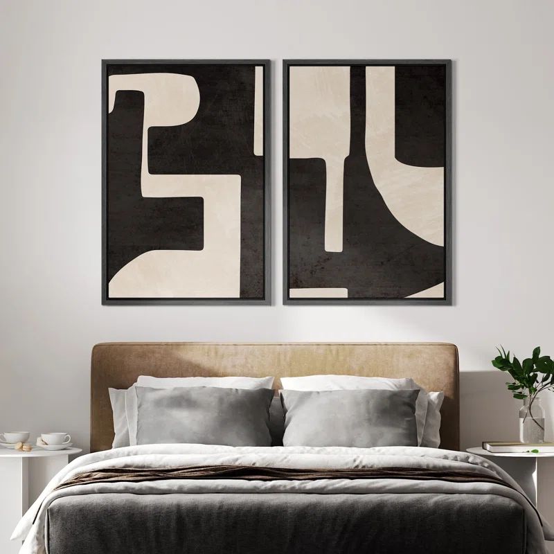 Black & White Geometric Paint Stroke Abstract Neutral Décor Framed Canvas 2 Pieces Print Wall Ar... | Wayfair North America