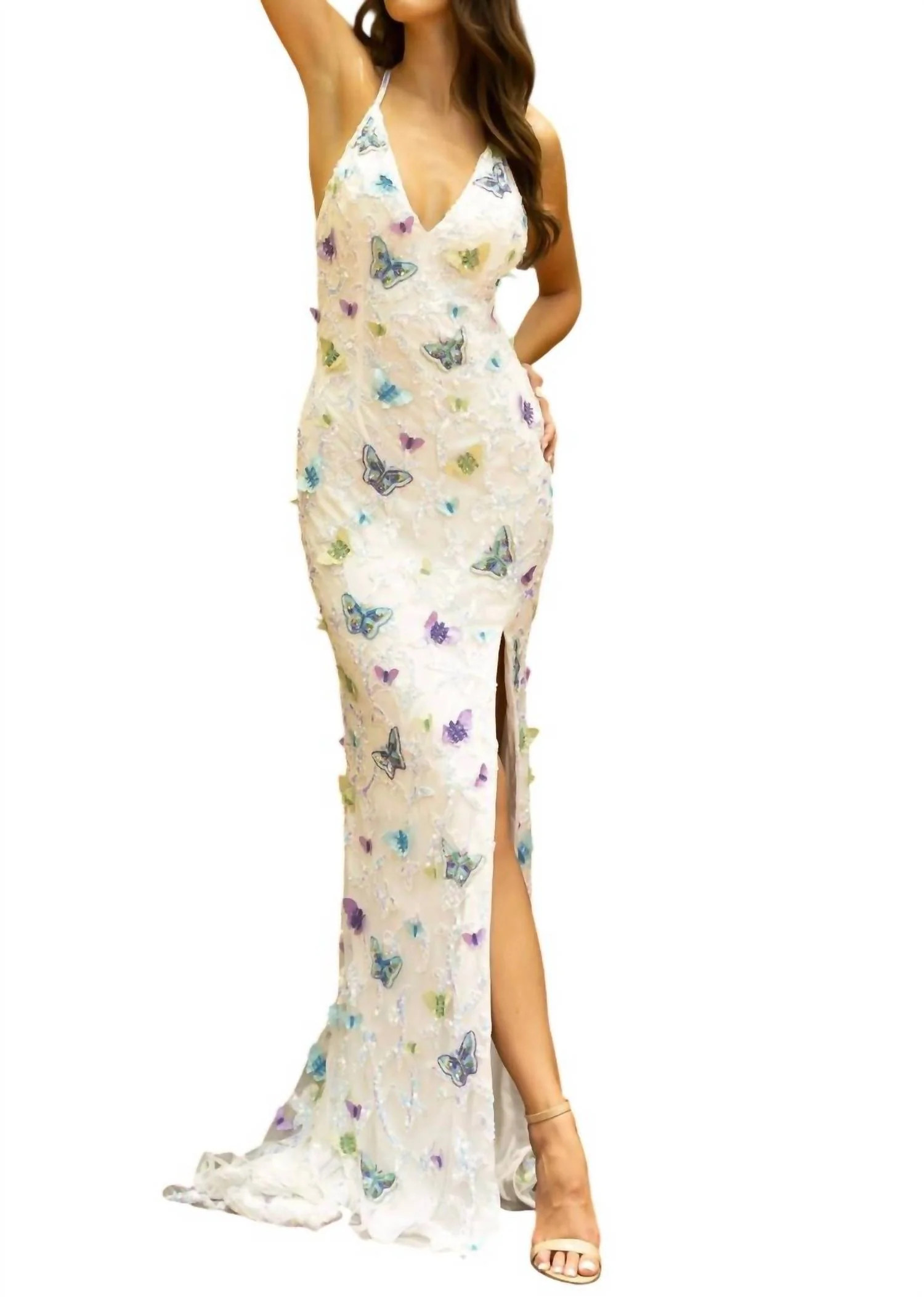 Beaded Butterfly Long Prom Dress In Ivory/multi | Shop Simon