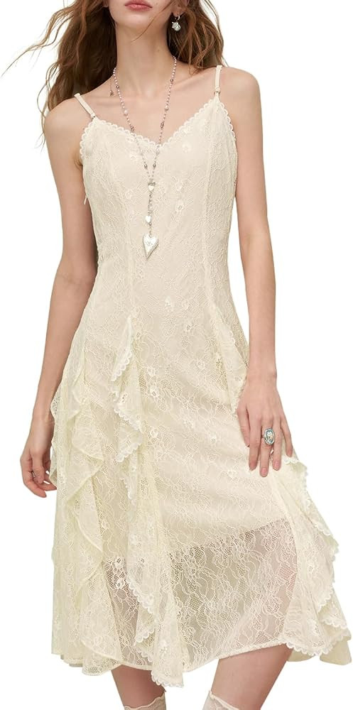 Women's Lace Spaghetti Strap Dress V-Neck Ruffled Hem Mid-Length Casual Party Dress | Amazon (US)