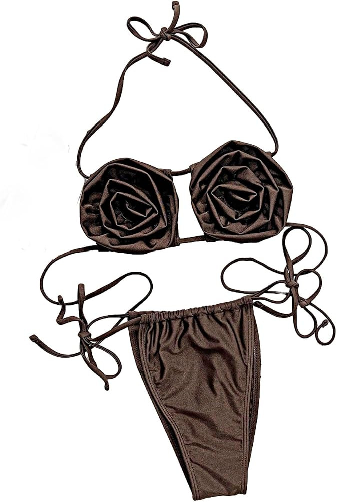 MakeMeChic Women's Bikini Sets 3D Floral Halter Cut Out Tie Back Beach Bathing Suit | Amazon (US)