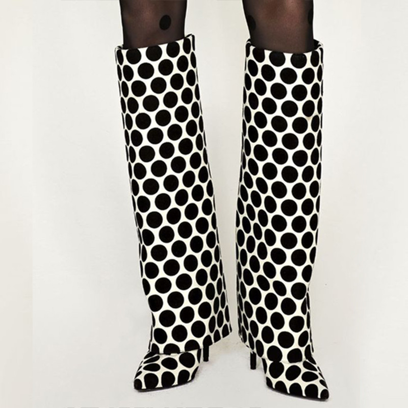 Black & White Pointed Toe Playful Polka Dots Knee Fold-Over Boots | FSJshoes.com