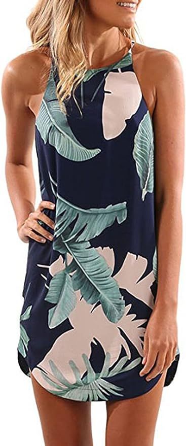 Asvivid Womens Halter Floral Printed Sleeveless Beach Mini Casual Dress Summer Short Sundresses | Amazon (US)