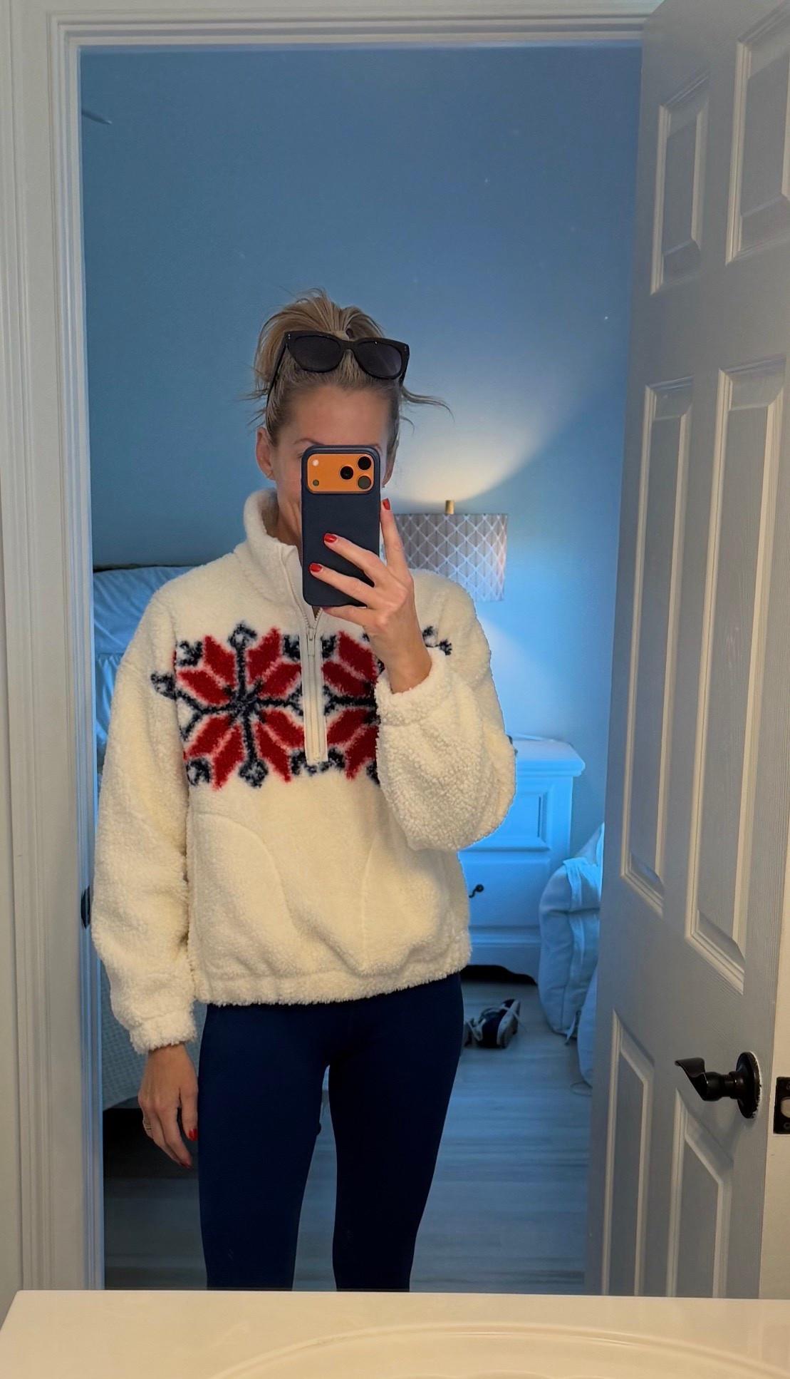 What I wore for my run today!! Perfect for this weather. (I switched out the red pants for the navy) 