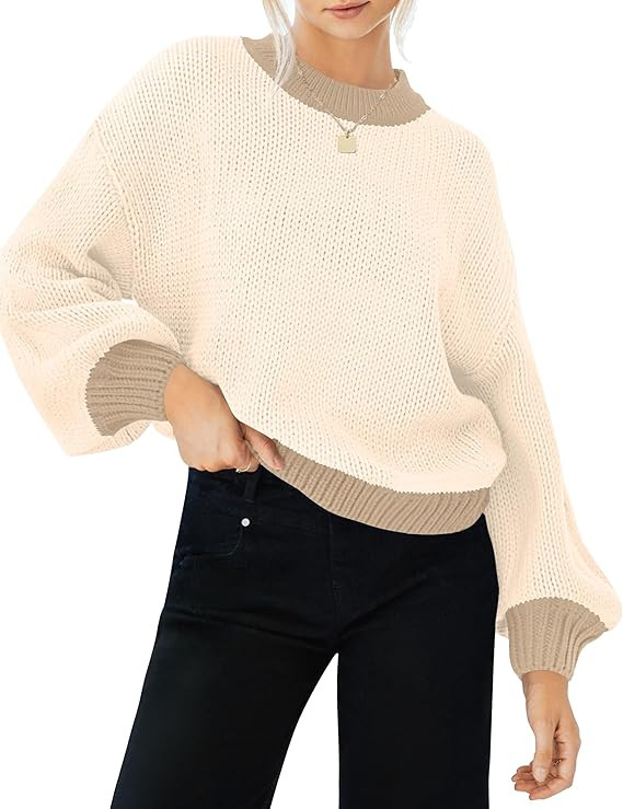 ZESICA Women's Casual Long Sleeve Crew Neck Pullover 2023 Fall Ribbed Knit Loose Contrast Color S... | Amazon (US)