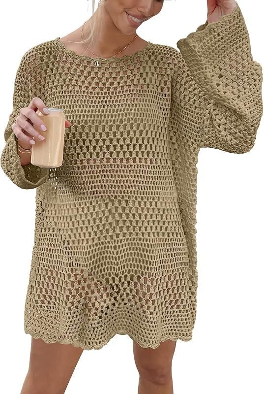Prinbara Women Swimsuit Crochet Hollow Out Swim Cover Up Bikini Swimwear Knit Mesh Tunic Beach Dr... | Amazon (US)