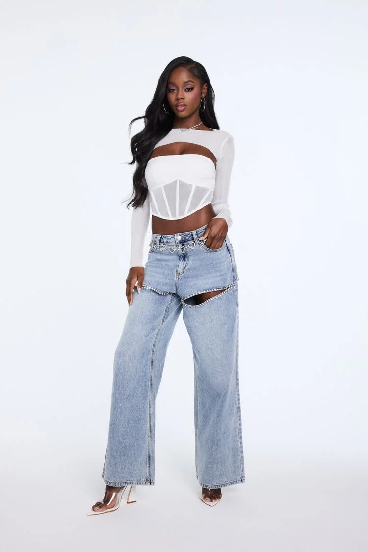 Women's Bratz x F21 Rhinestone Wide-Leg Cutout Jeans in Light Denim, 24 | Forever 21