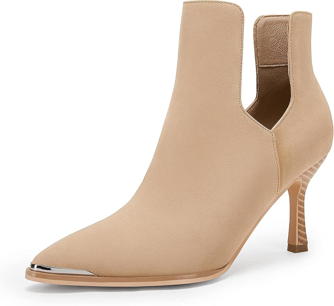 LAICIGO Women's Kitten Heel Booties Metal Pointed Toe Deep V Cutout Slip On Stiletto Ankle Boots Dre | Amazon (US)