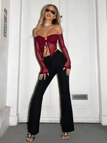 SHEIN ICON Holiday Tops   Red Off-Shoulder Chest Gathered Drawstring Lace Women's Top | SHEIN