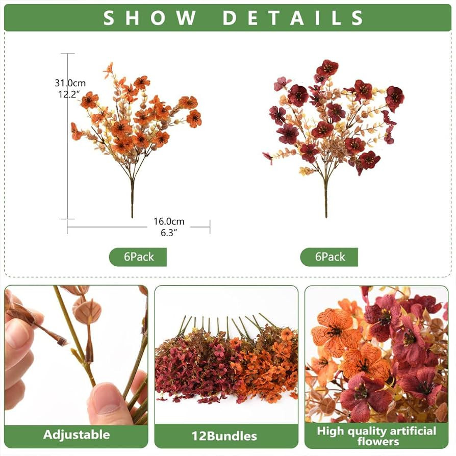 INQCMY Artificial Fake Fall Plants Flowers for Outdoor Outside Decoration     12 Bundles Faux Sil... | Amazon (US)