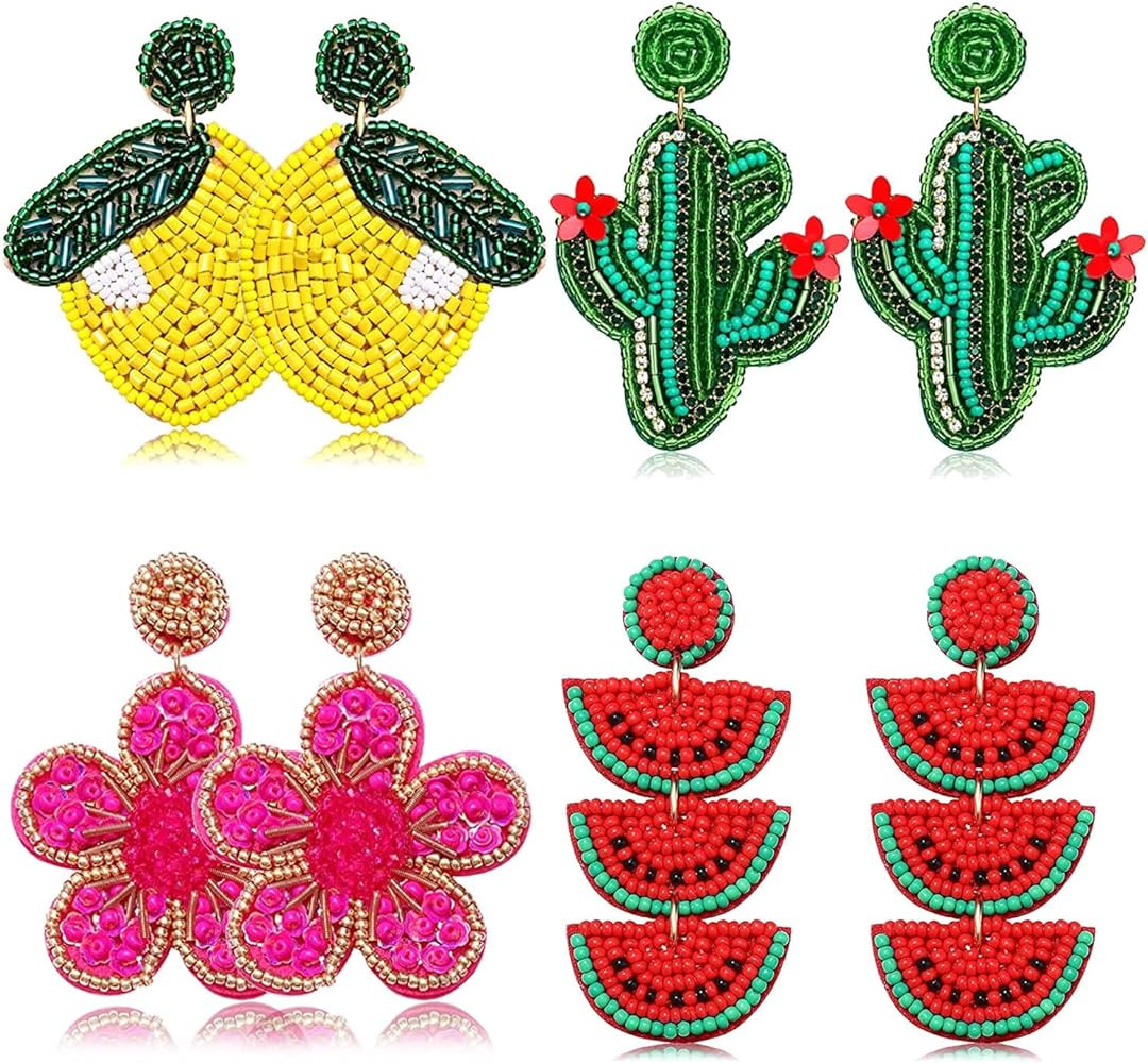 4 Pairs Beaded Earrings for Women Boho Geometric Beaded Dangle Earrings Statement Pineapple Flowe... | Amazon (US)