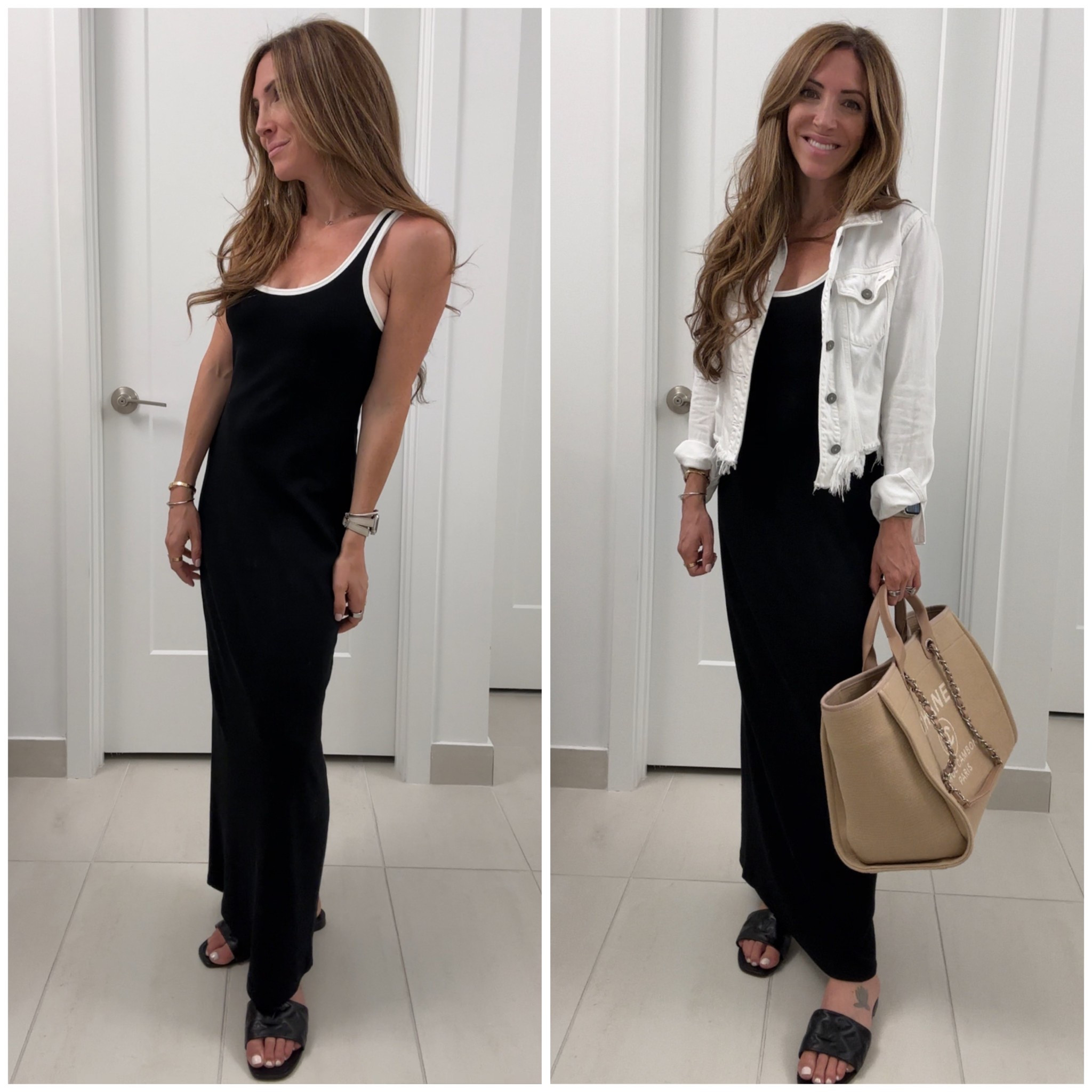 Love a fitted dress that isn’t over clingy and is still very forgiving! This one is a winner, and is super affordable. Styled with a white raw hem denim jacket, black slide sandals, chanel deauville tote 

#LTKSeasonal #LTKStyleTip #LTKWatchNow