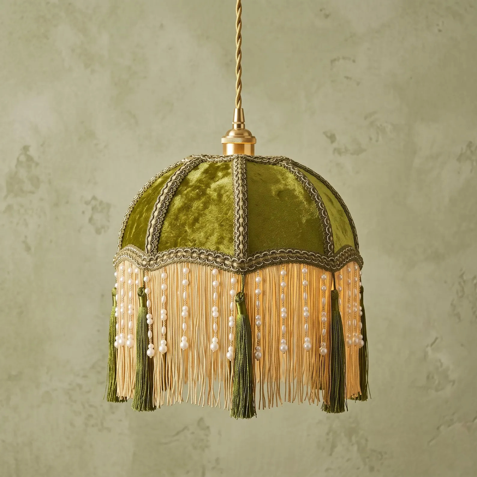 Olive Velvet Pendant Lampshade with Tassel Fringe and Pearl Accents | Etsy (Global)